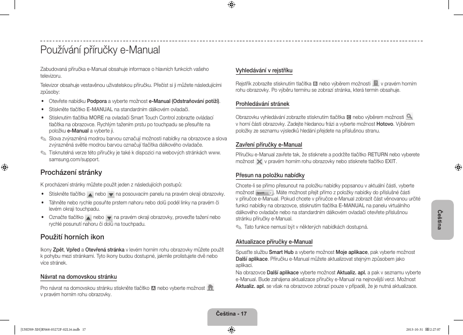 Používání příručky e-manual, Procházení stránky, Použití horních ikon | Samsung UE85S9ST User Manual | Page 161 / 385