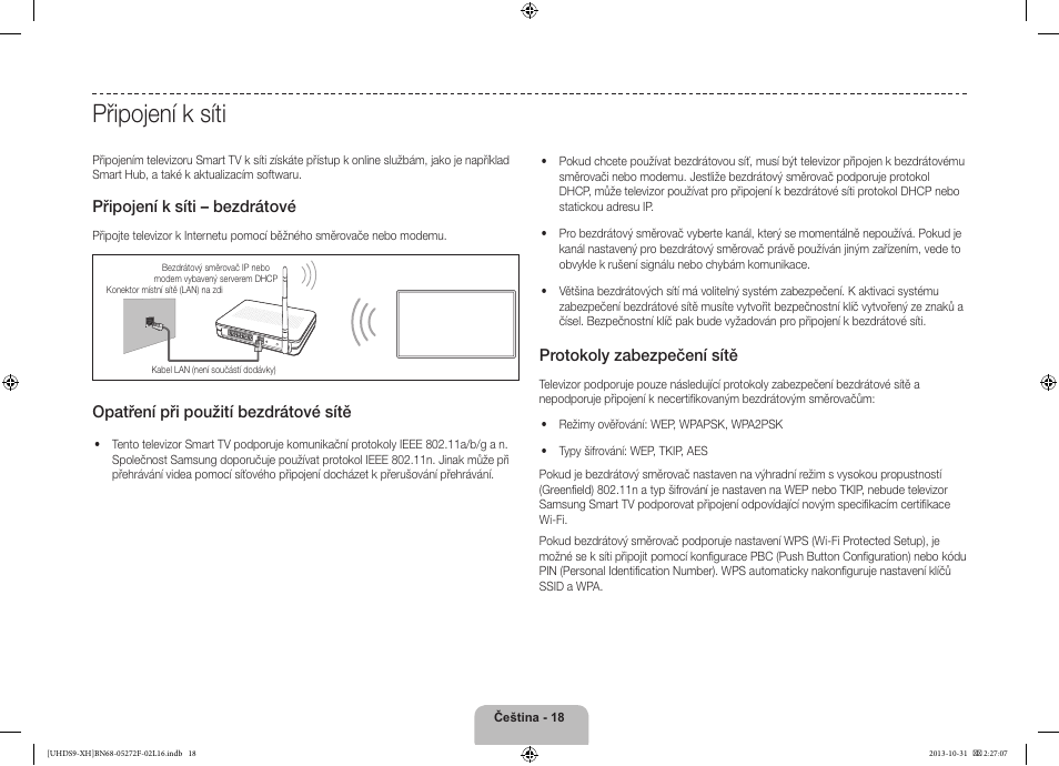 Připojení k síti, Připojení k síti – bezdrátové, Opatření při použití bezdrátové sítě | Protokoly zabezpečení sítě | Samsung UE85S9ST User Manual | Page 162 / 385