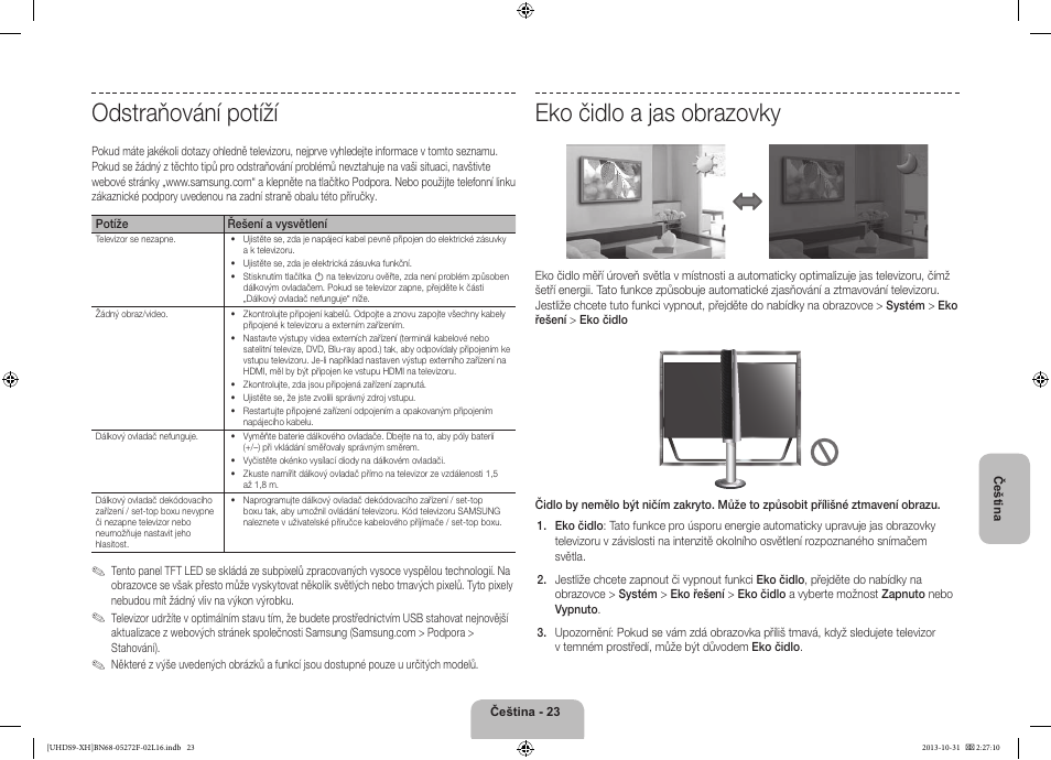 Odstraňování potíží, Eko čidlo a jas obrazovky | Samsung UE85S9ST User Manual | Page 167 / 385