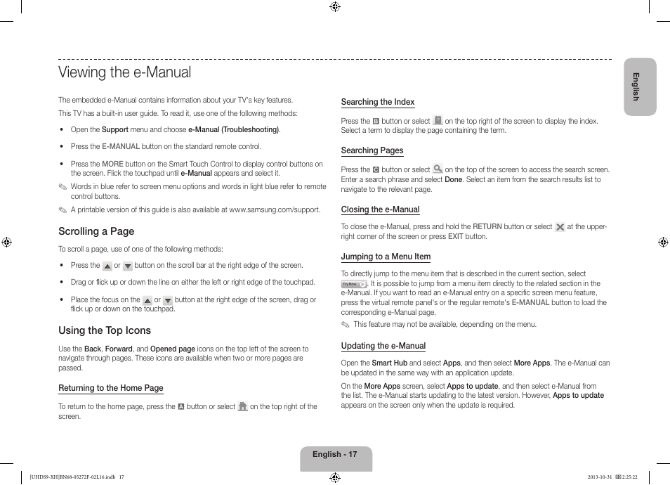 Viewing the e-manual, Scrolling a page, Using the top icons | Samsung UE85S9ST User Manual | Page 17 / 385