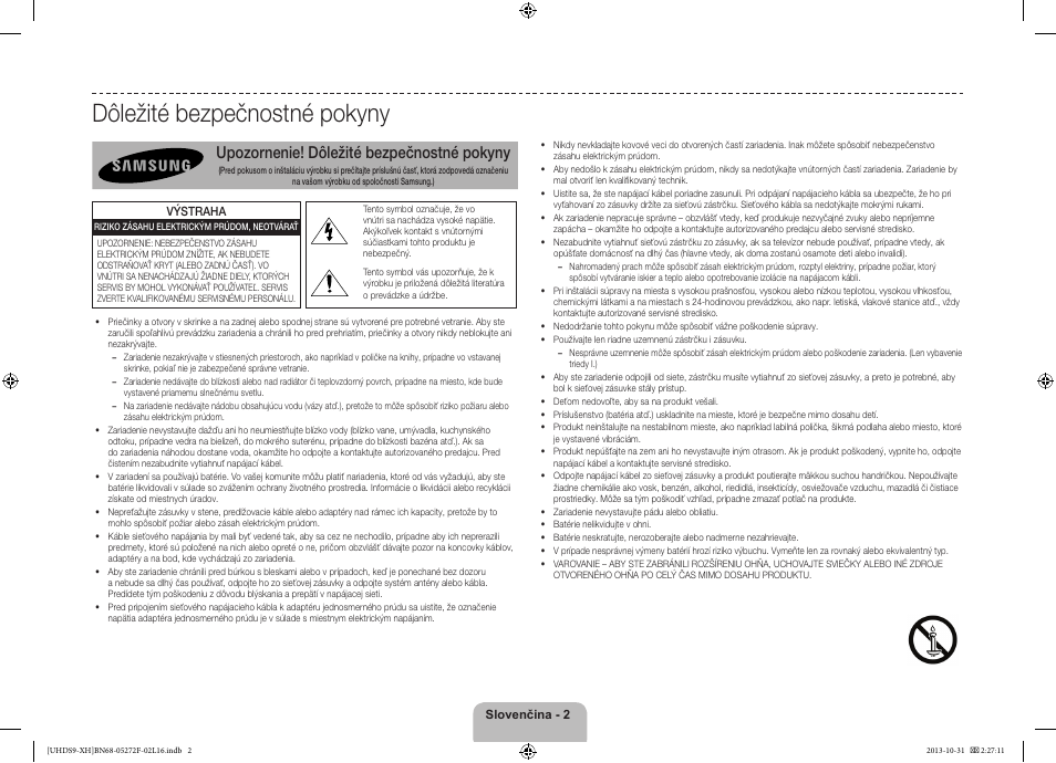 Dôležité bezpečnostné pokyny, Upozornenie! dôležité bezpečnostné pokyny | Samsung UE85S9ST User Manual | Page 170 / 385