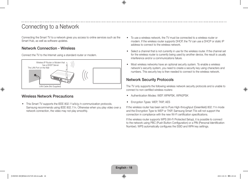 Connecting to a network, Network connection - wireless, Wireless network precautions | Network security protocols | Samsung UE85S9ST User Manual | Page 18 / 385