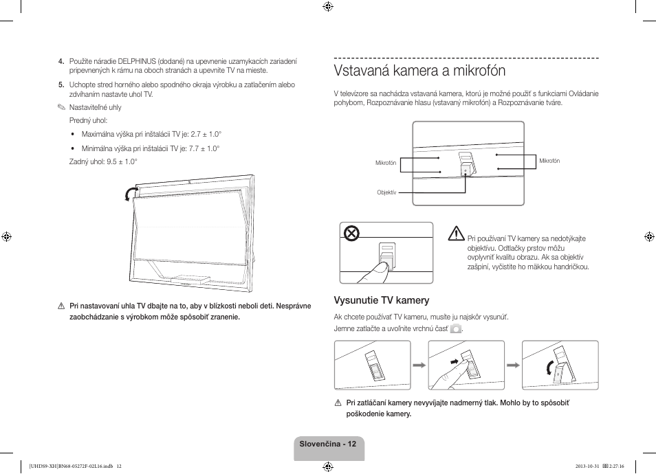 Vstavaná kamera a mikrofón, 경고 주의 경고 주의, Vysunutie tv kamery | Samsung UE85S9ST User Manual | Page 180 / 385