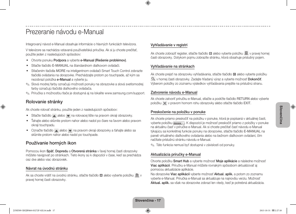 Prezeranie návodu e-manual, Rolovanie stránky, Používanie horných ikon | Samsung UE85S9ST User Manual | Page 185 / 385