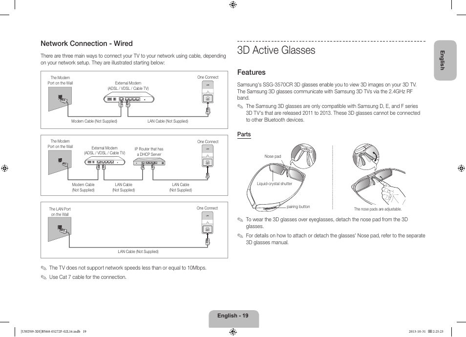 3d active glasses, Network connection - wired, Features | Samsung UE85S9ST User Manual | Page 19 / 385