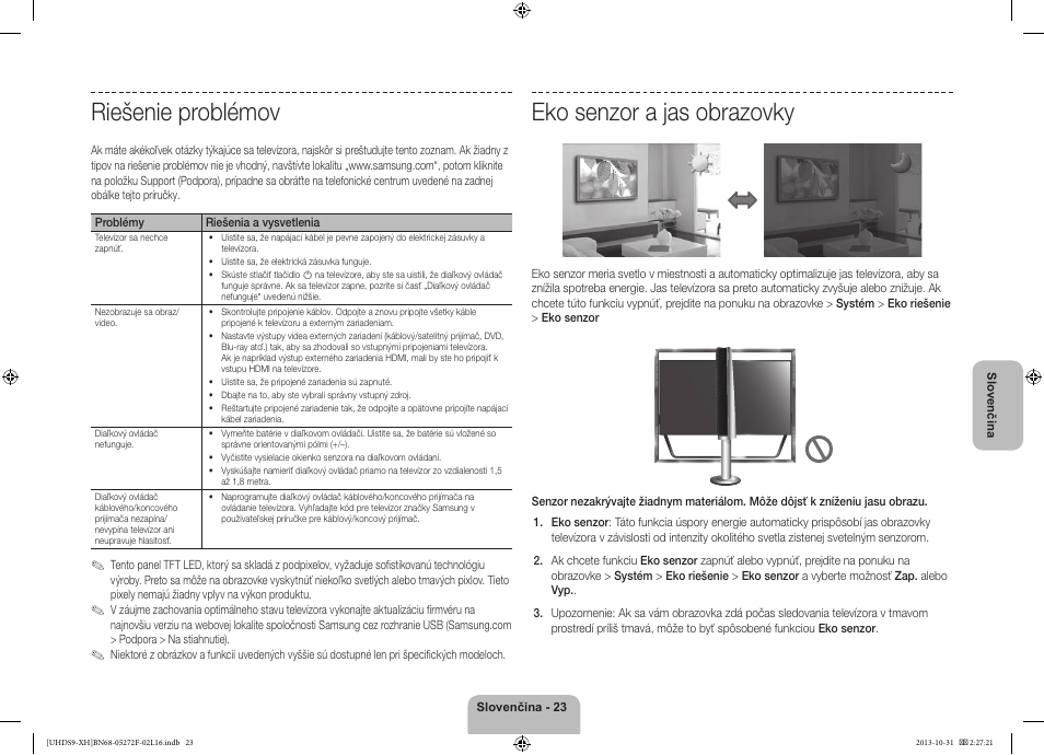 Riešenie problémov, Eko senzor a jas obrazovky | Samsung UE85S9ST User Manual | Page 191 / 385