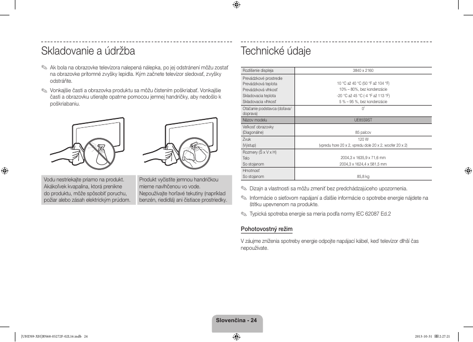 Technické údaje, Skladovanie a údržba | Samsung UE85S9ST User Manual | Page 192 / 385