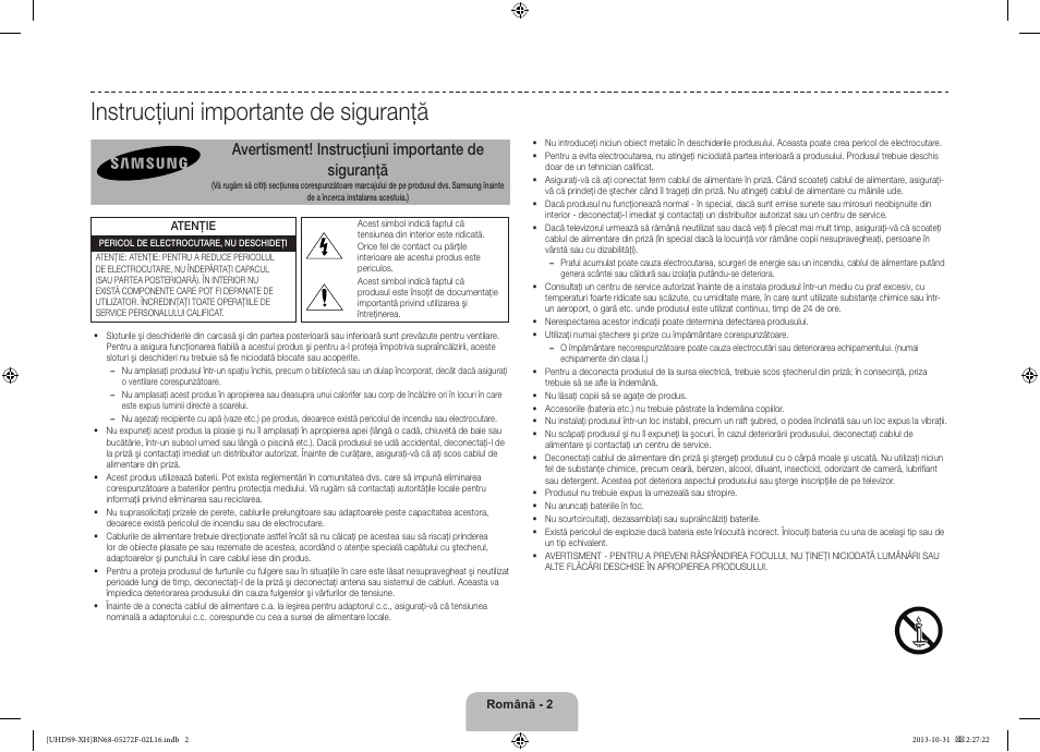 Instrucţiuni importante de siguranţă, Avertisment! instrucţiuni importante de siguranţă | Samsung UE85S9ST User Manual | Page 194 / 385