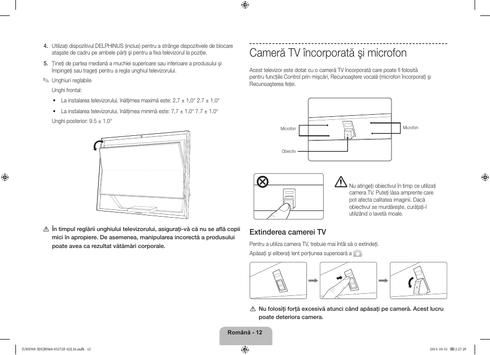 Cameră tv încorporată şi microfon, 경고 주의 경고 주의, Extinderea camerei tv | Samsung UE85S9ST User Manual | Page 204 / 385