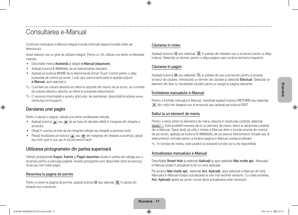 Consultarea e-manual, Derularea unei pagini, Utilizarea pictogramelor din partea superioară | Samsung UE85S9ST User Manual | Page 209 / 385