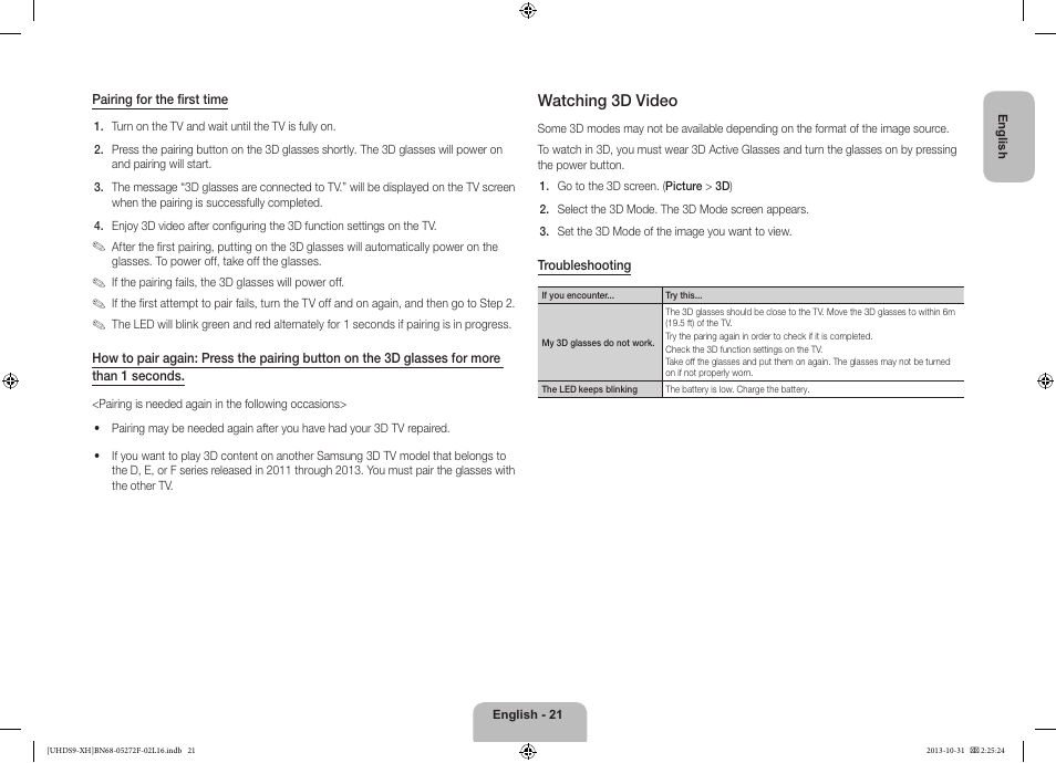 Watching 3d video | Samsung UE85S9ST User Manual | Page 21 / 385