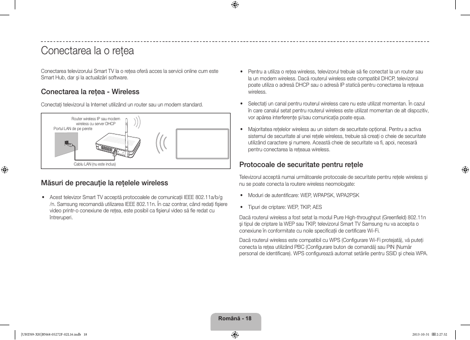 Conectarea la o reţea, Conectarea la reţea - wireless, Măsuri de precauţie la reţelele wireless | Protocoale de securitate pentru reţele | Samsung UE85S9ST User Manual | Page 210 / 385