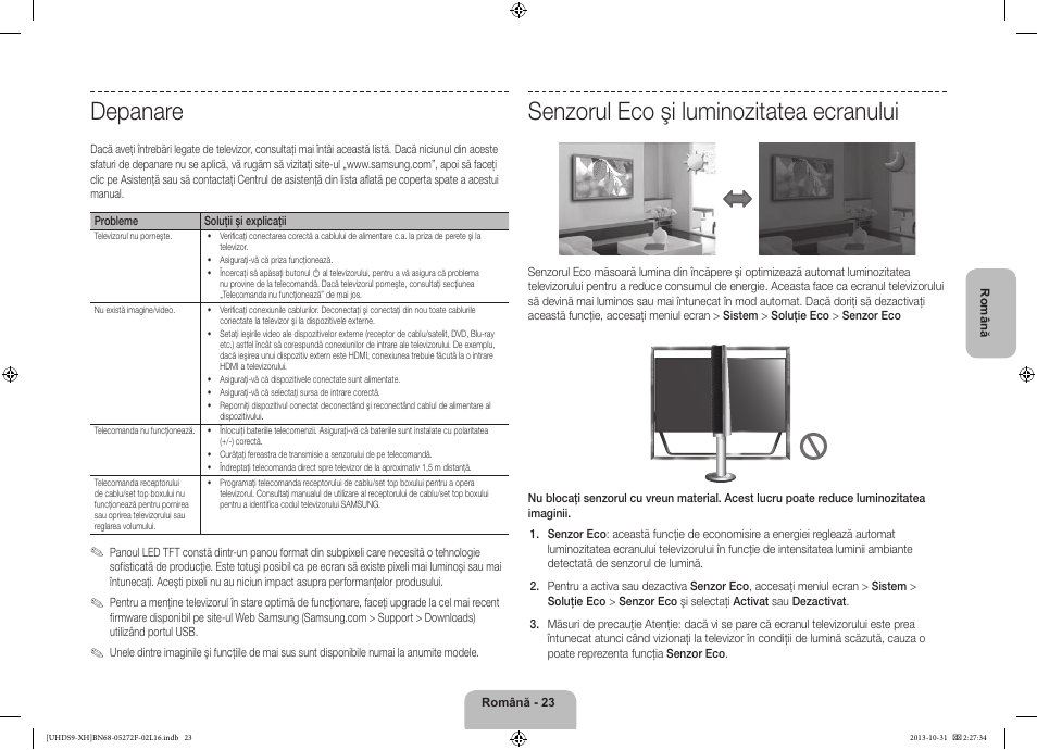 Depanare, Senzorul eco şi luminozitatea ecranului | Samsung UE85S9ST User Manual | Page 215 / 385