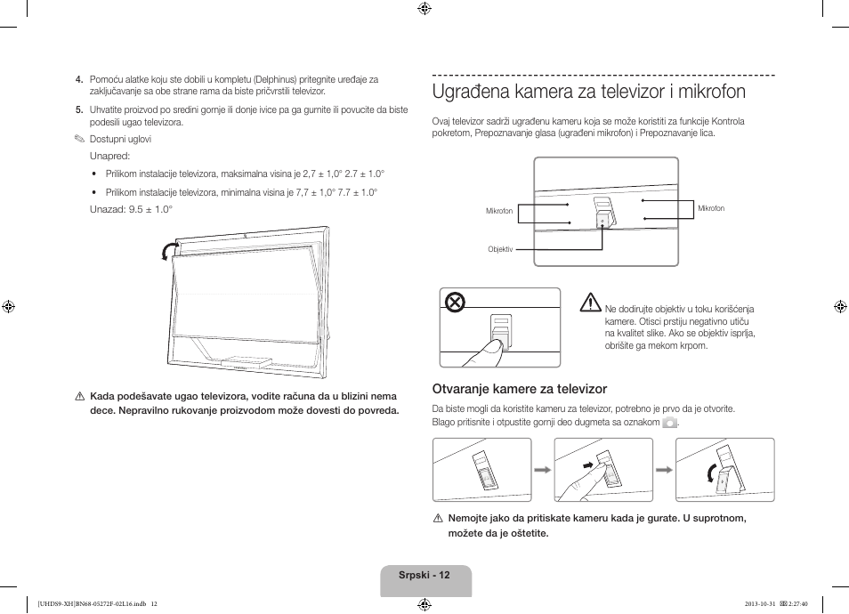 Ugrađena kamera za televizor i mikrofon, 경고 주의 경고 주의, Otvaranje kamere za televizor | Samsung UE85S9ST User Manual | Page 228 / 385