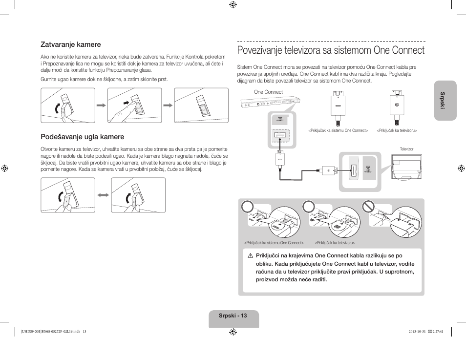 Povezivanje televizora sa sistemom one connect, Zatvaranje kamere, Podešavanje ugla kamere | Samsung UE85S9ST User Manual | Page 229 / 385