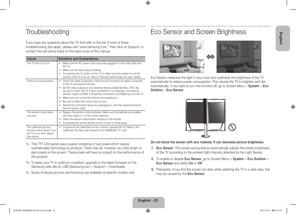 Troubleshooting, Eco sensor and screen brightness | Samsung UE85S9ST User Manual | Page 23 / 385