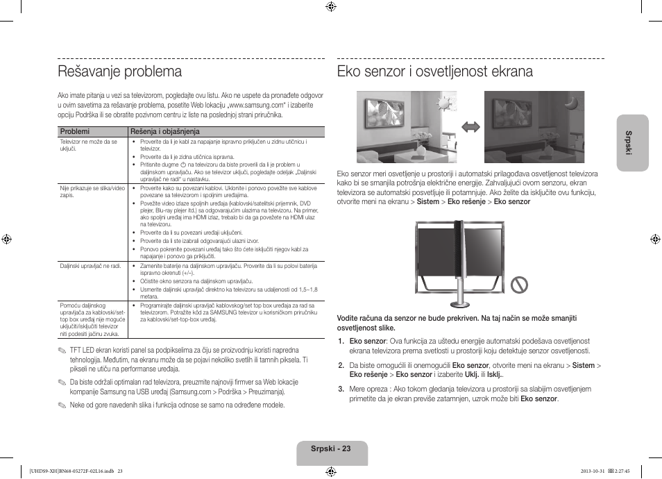 Rešavanje problema, Eko senzor i osvetljenost ekrana | Samsung UE85S9ST User Manual | Page 239 / 385