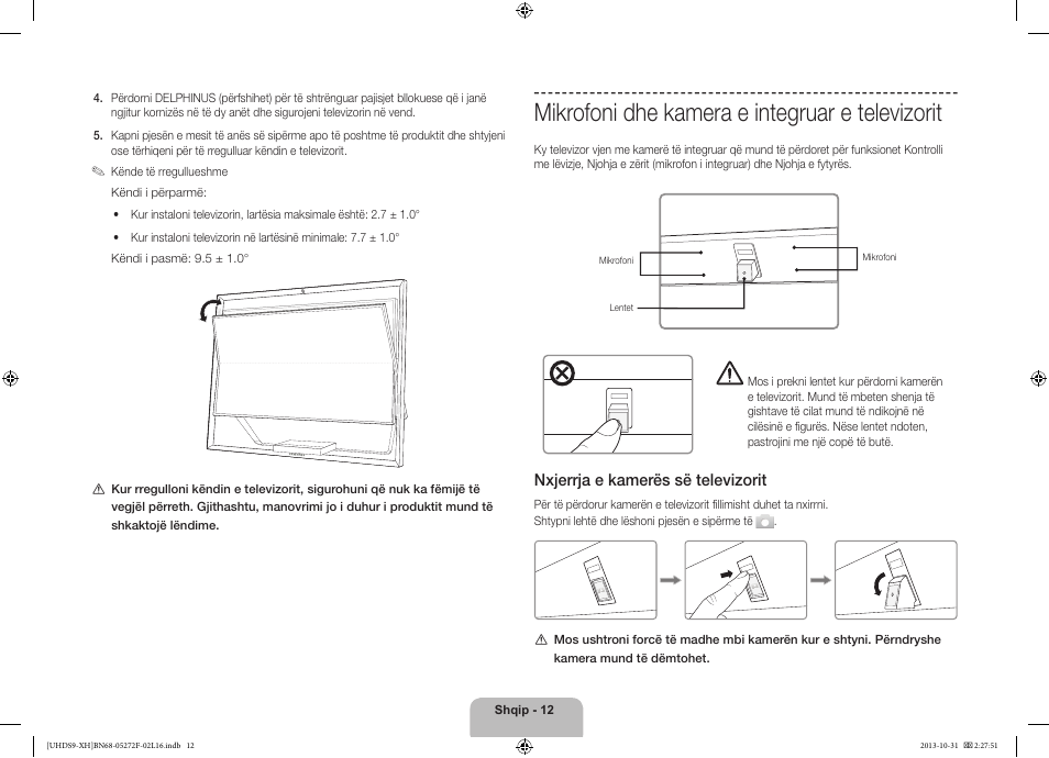 Mikrofoni dhe kamera e integruar e televizorit, 경고 주의 경고 주의, Nxjerrja e kamerës së televizorit | Samsung UE85S9ST User Manual | Page 252 / 385