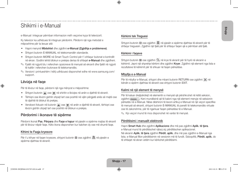 Shikimi i e-manual, Lëvizja në faqe, Përdorimi i ikonave të sipërme | Samsung UE85S9ST User Manual | Page 257 / 385