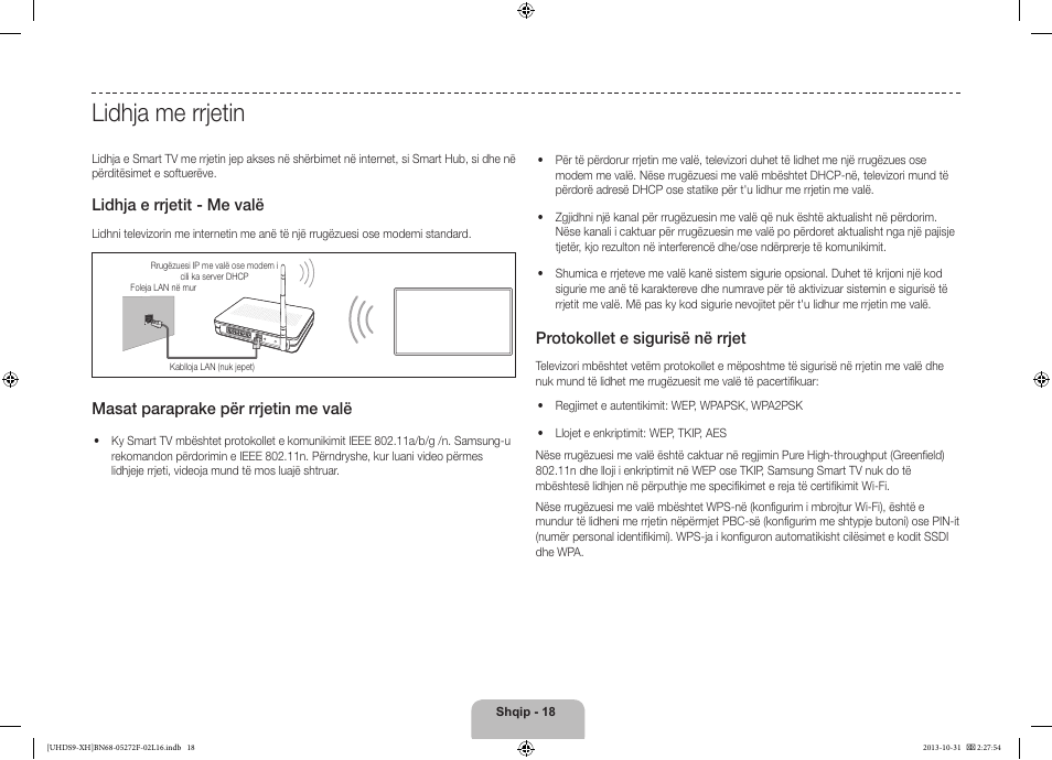 Lidhja me rrjetin, Lidhja e rrjetit - me valë, Masat paraprake për rrjetin me valë | Protokollet e sigurisë në rrjet | Samsung UE85S9ST User Manual | Page 258 / 385