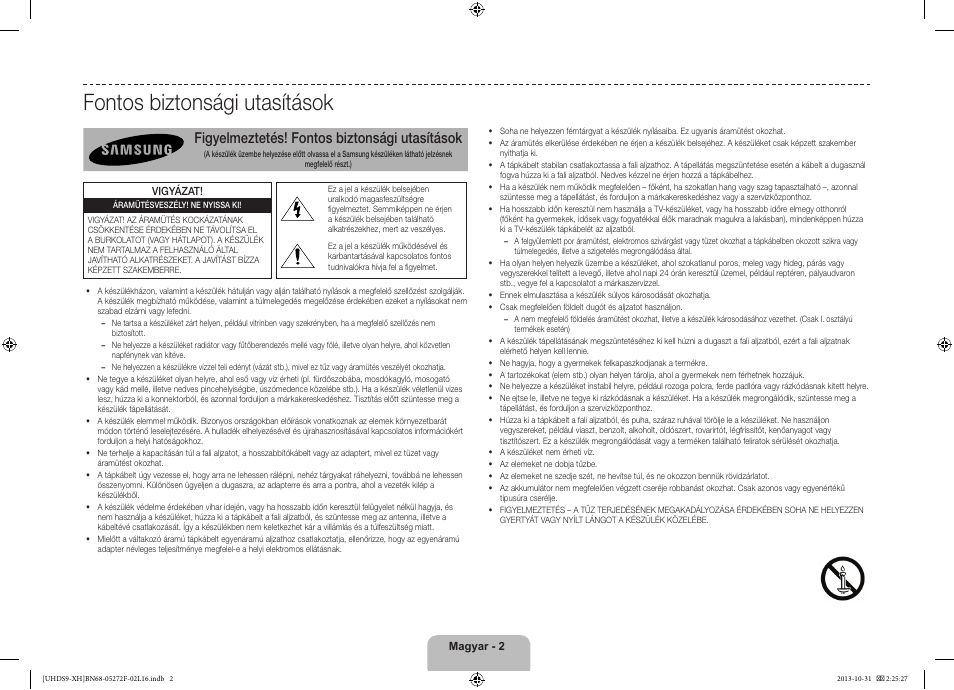 Fontos biztonsági utasítások, Figyelmeztetés! fontos biztonsági utasítások | Samsung UE85S9ST User Manual | Page 26 / 385