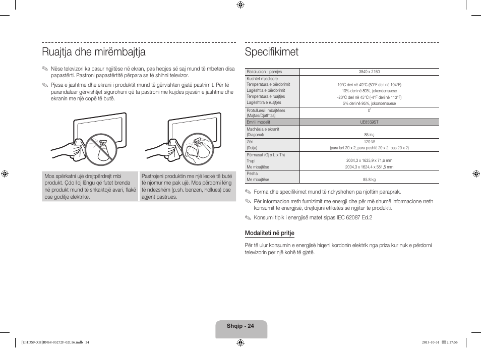 Specifikimet, Ruajtja dhe mirëmbajtja | Samsung UE85S9ST User Manual | Page 264 / 385