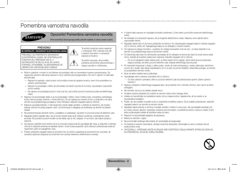 Pomembna varnostna navodila, Opozorilo! pomembna varnostna navodila | Samsung UE85S9ST User Manual | Page 290 / 385