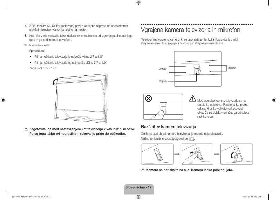 Vgrajena kamera televizorja in mikrofon, 경고 주의 경고 주의, Razširitev kamere televizorja | Samsung UE85S9ST User Manual | Page 300 / 385