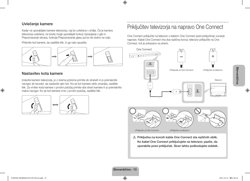 Priključitev televizorja na napravo one connect, Uvlečenje kamere, Nastavitev kota kamere | Samsung UE85S9ST User Manual | Page 301 / 385