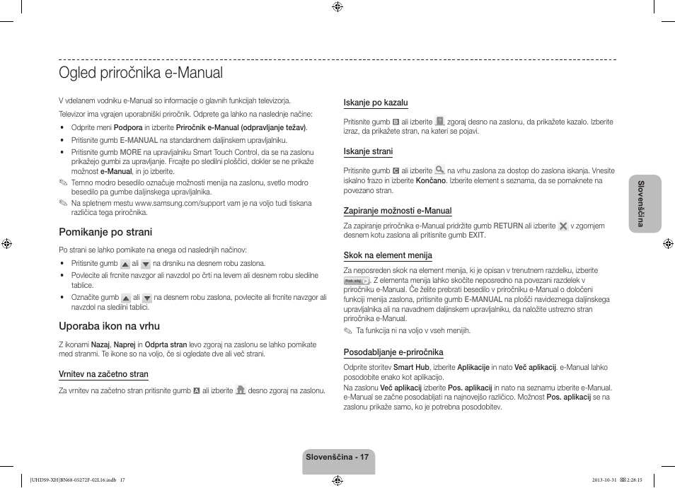 Ogled priročnika e-manual, Pomikanje po strani, Uporaba ikon na vrhu | Samsung UE85S9ST User Manual | Page 305 / 385