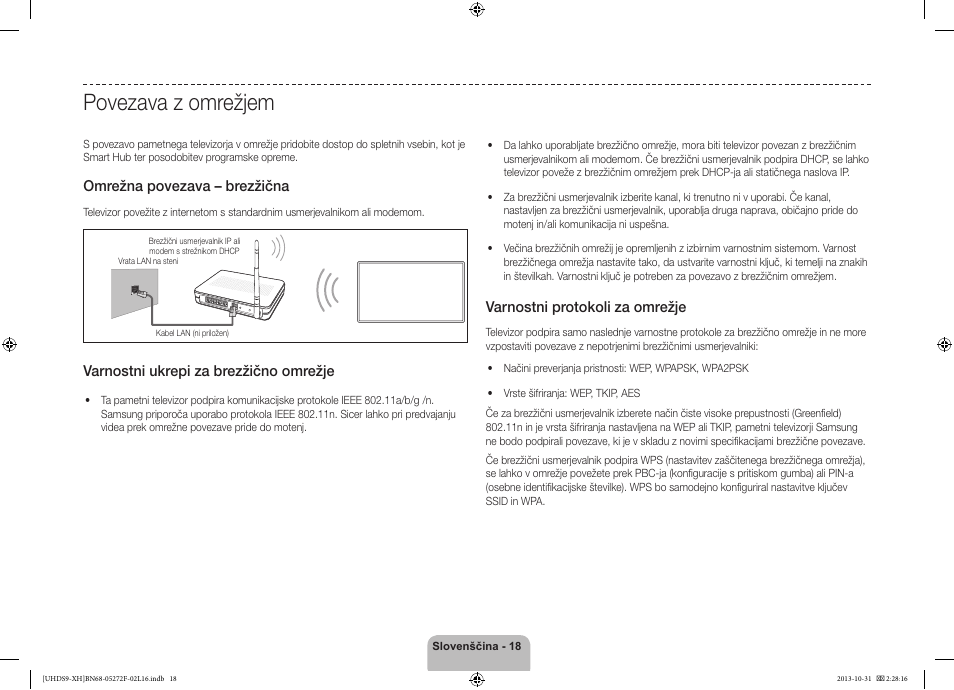 Povezava z omrežjem, Omrežna povezava – brezžična, Varnostni ukrepi za brezžično omrežje | Varnostni protokoli za omrežje | Samsung UE85S9ST User Manual | Page 306 / 385