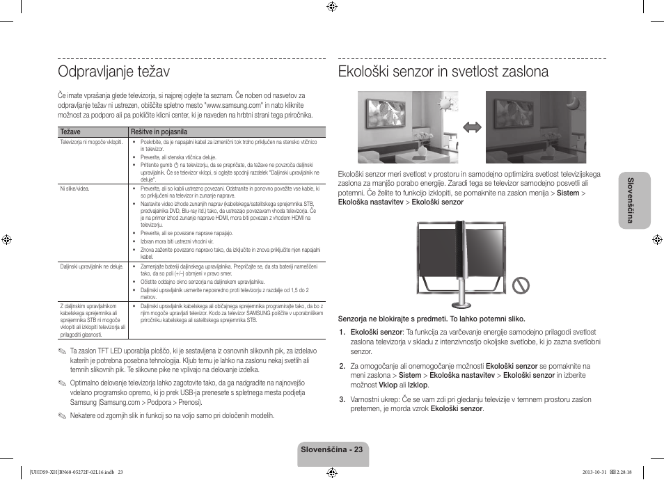 Odpravljanje težav, Ekološki senzor in svetlost zaslona | Samsung UE85S9ST User Manual | Page 311 / 385