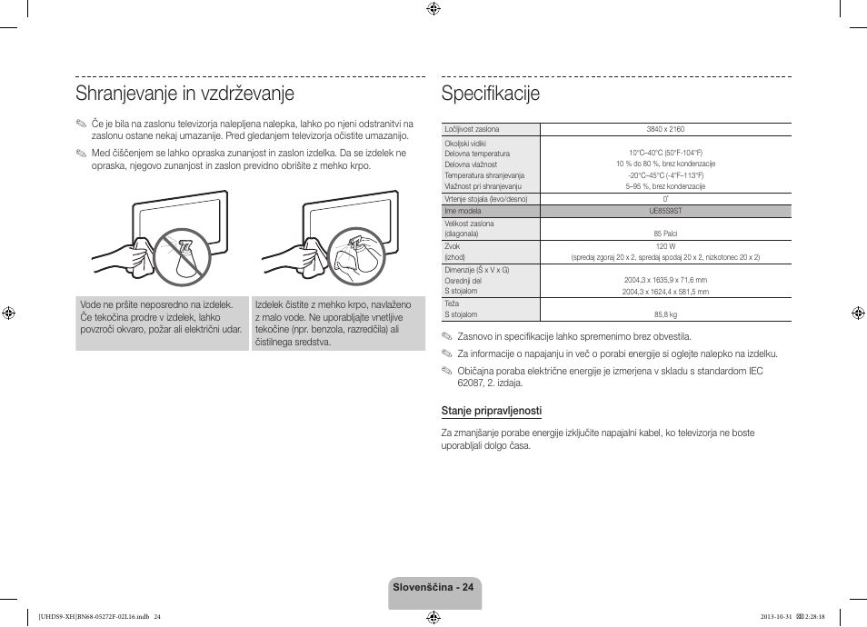 Specifikacije, Shranjevanje in vzdrževanje | Samsung UE85S9ST User Manual | Page 312 / 385