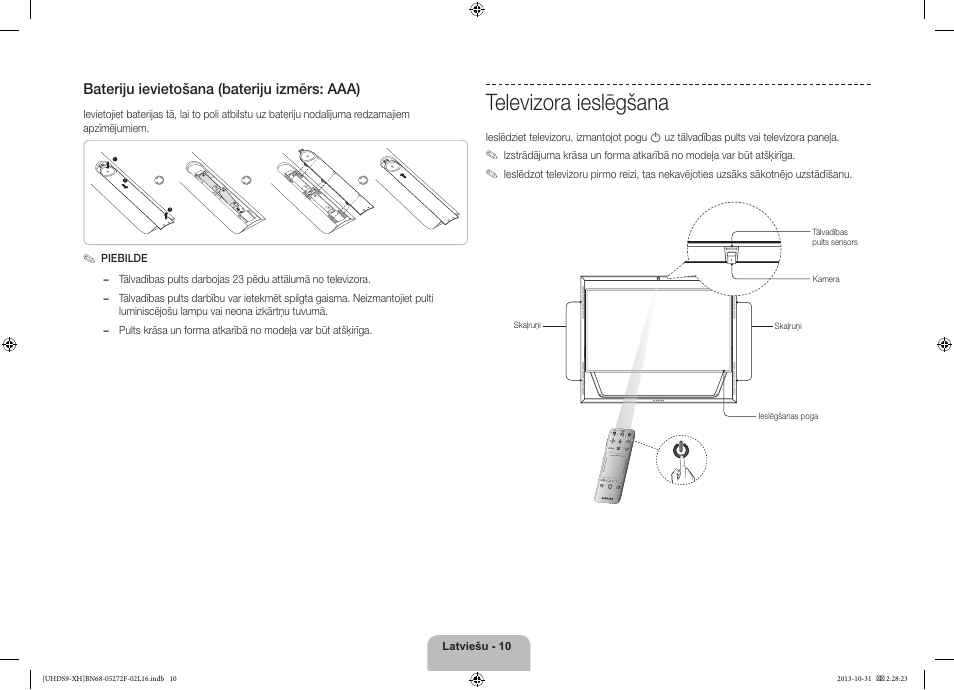 Televizora ieslēgšana, Bateriju ievietošana (bateriju izmērs: aaa) | Samsung UE85S9ST User Manual | Page 322 / 385