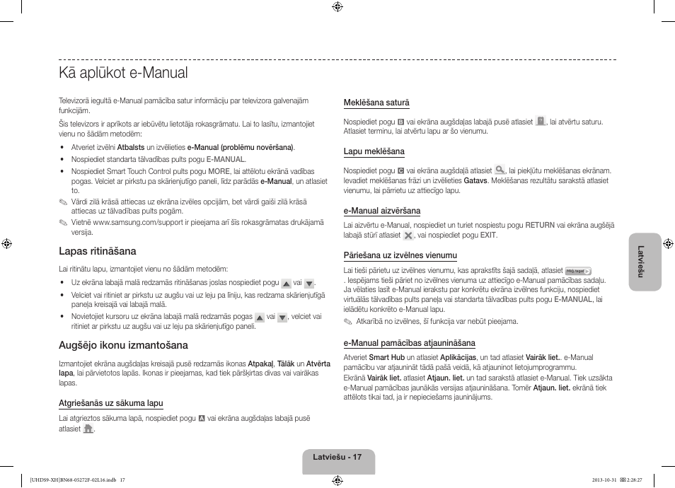 Kā aplūkot e-manual, Lapas ritināšana, Augšējo ikonu izmantošana | Samsung UE85S9ST User Manual | Page 329 / 385