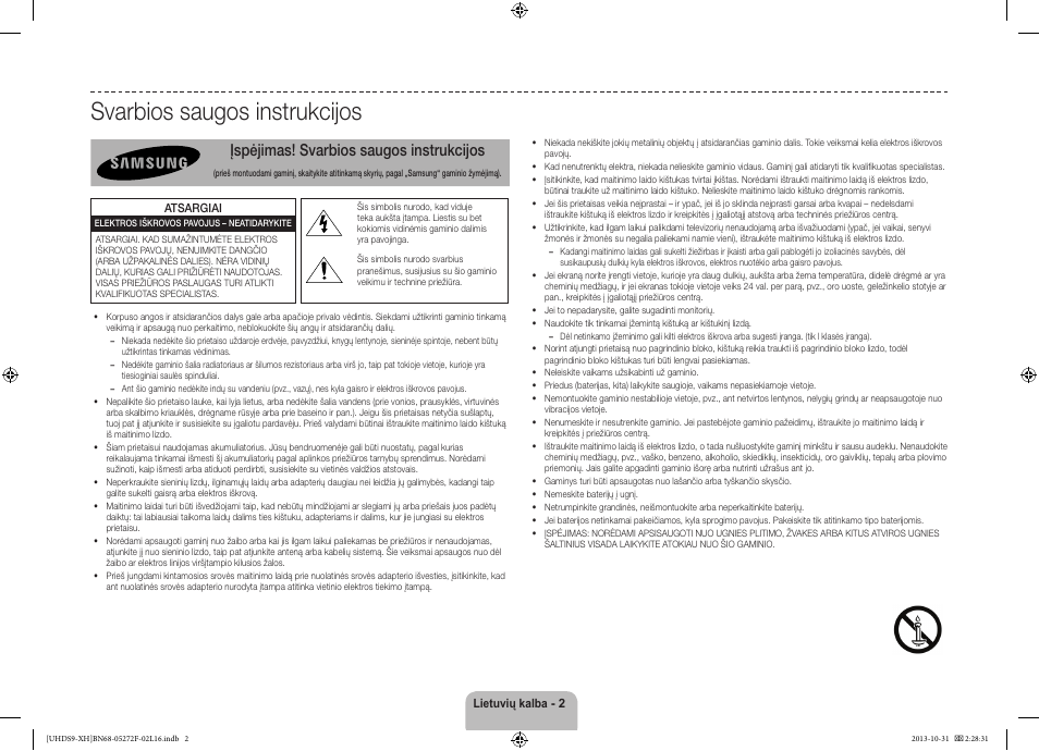 Svarbios saugos instrukcijos, Įspėjimas! svarbios saugos instrukcijos | Samsung UE85S9ST User Manual | Page 338 / 385