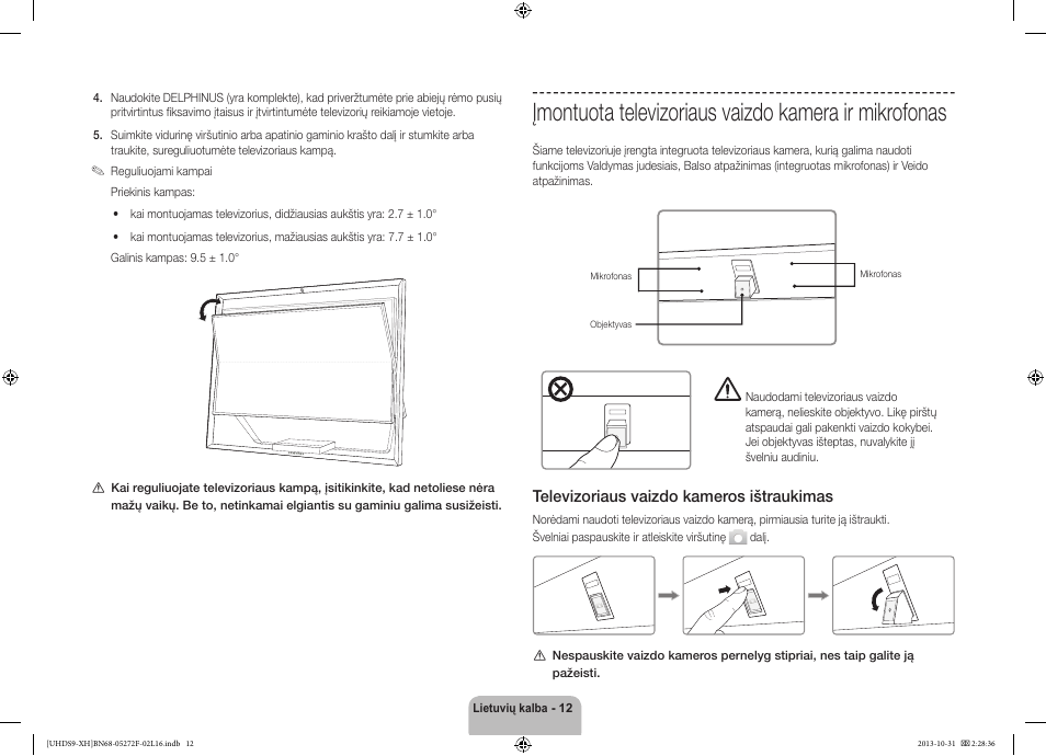 경고 주의 경고 주의, Televizoriaus vaizdo kameros ištraukimas | Samsung UE85S9ST User Manual | Page 348 / 385