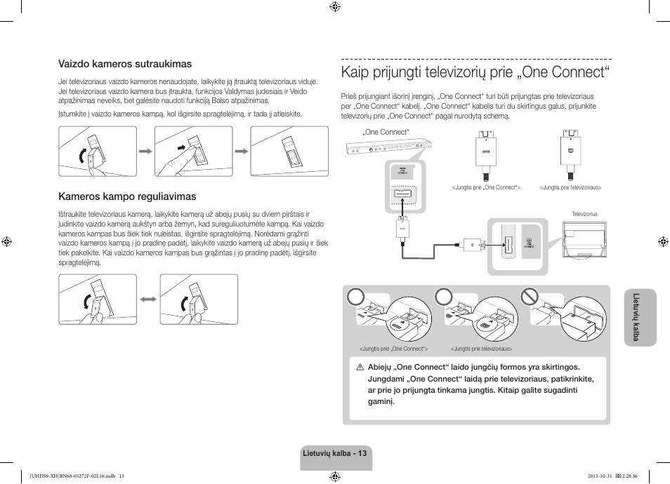 Kaip prijungti televizorių prie „one connect, Vaizdo kameros sutraukimas, Kameros kampo reguliavimas | Samsung UE85S9ST User Manual | Page 349 / 385