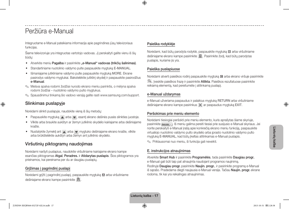 Peržiūra e-manual, Slinkimas puslapyje, Viršutinių piktogramų naudojimas | Samsung UE85S9ST User Manual | Page 353 / 385