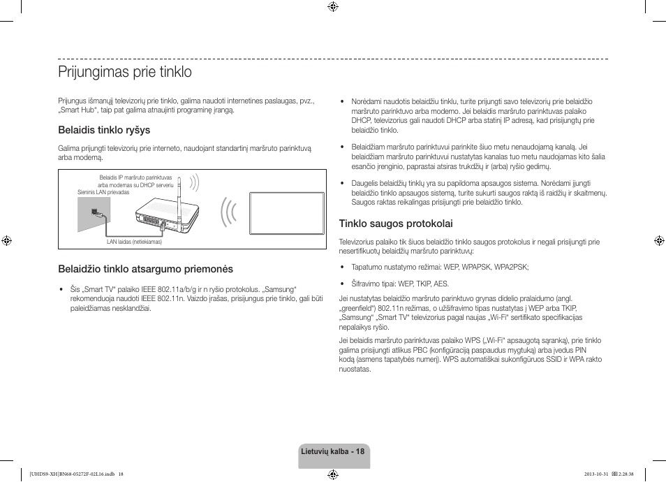 Prijungimas prie tinklo, Belaidis tinklo ryšys, Belaidžio tinklo atsargumo priemonės | Tinklo saugos protokolai | Samsung UE85S9ST User Manual | Page 354 / 385