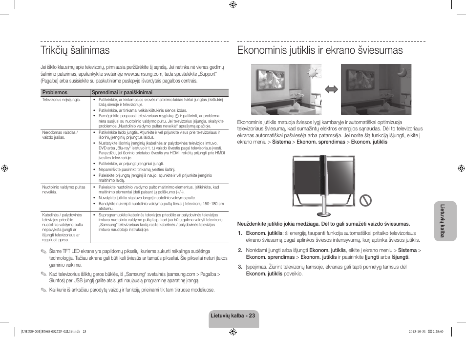 Trikčių šalinimas, Ekonominis jutiklis ir ekrano šviesumas | Samsung UE85S9ST User Manual | Page 359 / 385