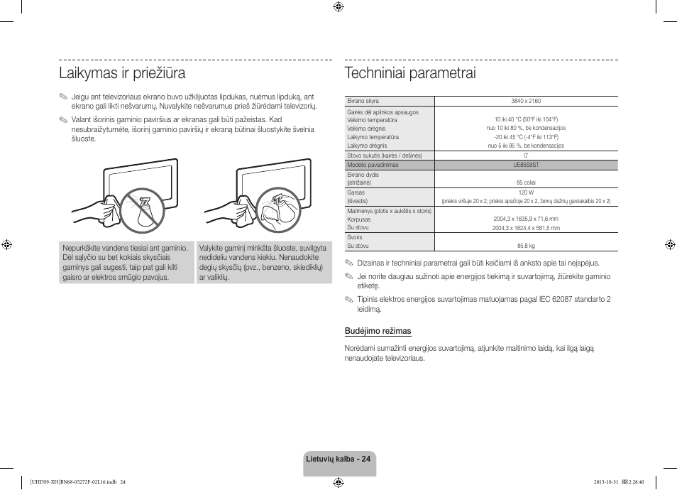 Techniniai parametrai, Laikymas ir priežiūra | Samsung UE85S9ST User Manual | Page 360 / 385