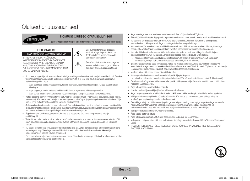 Olulised ohutussuunised, Hoiatus! olulised ohutussuunised | Samsung UE85S9ST User Manual | Page 362 / 385