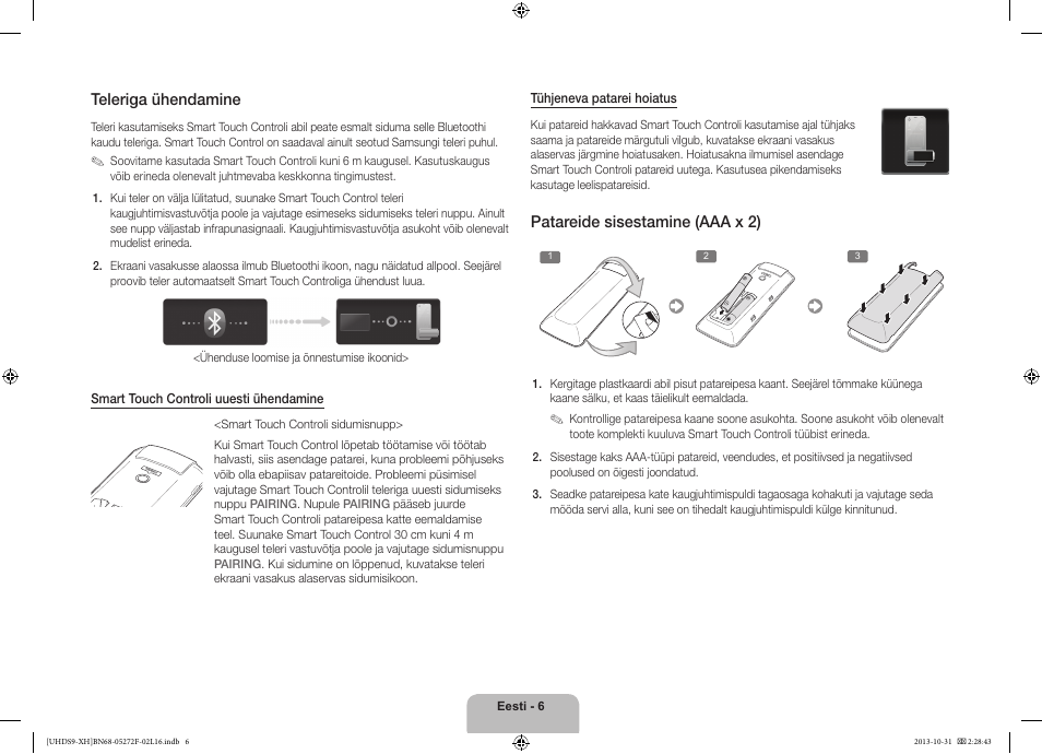 Teleriga ühendamine, Patareide sisestamine (aaa x 2) | Samsung UE85S9ST User Manual | Page 366 / 385