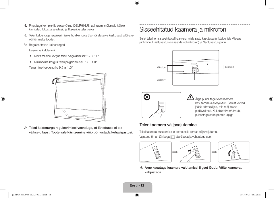 Sisseehitatud kaamera ja mikrofon, 경고 주의 경고 주의, Telerikaamera väljavajutamine | Samsung UE85S9ST User Manual | Page 372 / 385