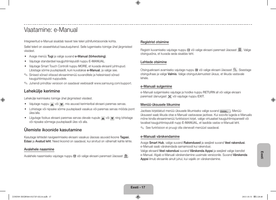 Vaatamine: e-manual, Lehekülje kerimine, Ülemiste ikoonide kasutamine | Samsung UE85S9ST User Manual | Page 377 / 385