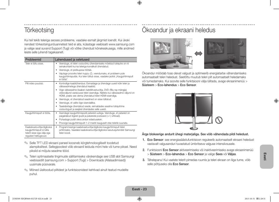 Tõrkeotsing, Ökoandur ja ekraani heledus | Samsung UE85S9ST User Manual | Page 383 / 385