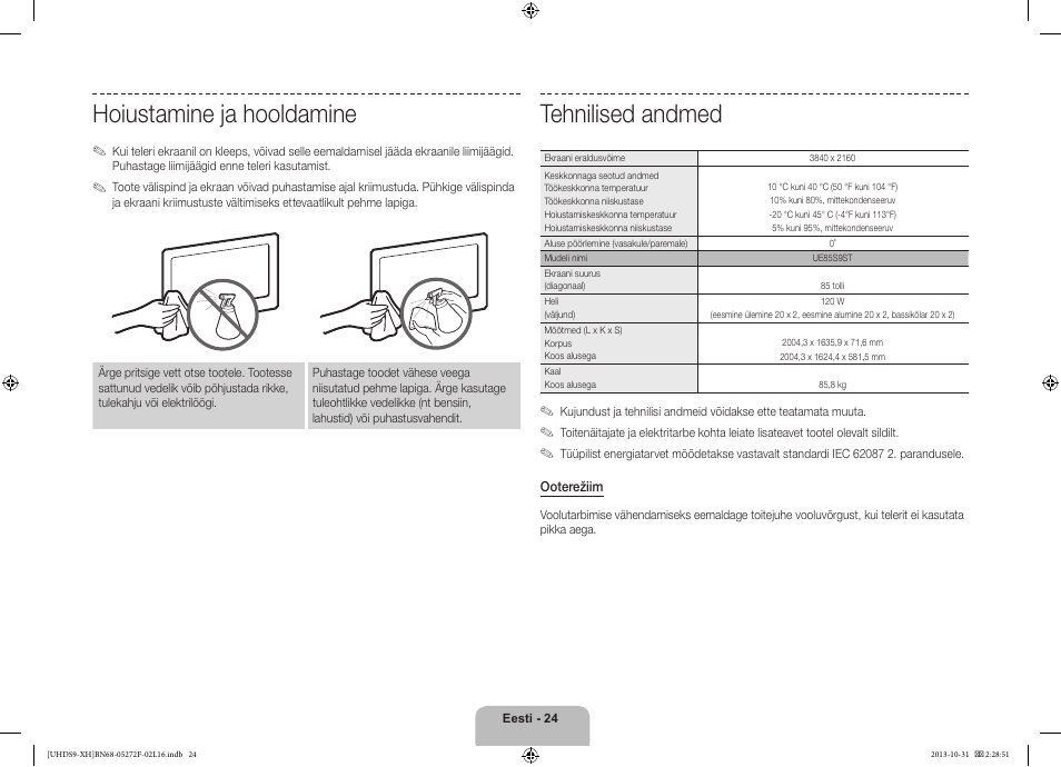 Tehnilised andmed, Hoiustamine ja hooldamine | Samsung UE85S9ST User Manual | Page 384 / 385