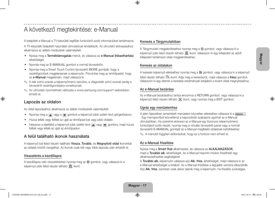 A következő megtekintése: e-manual, Lapozás az oldalon, A felül található ikonok használata | Samsung UE85S9ST User Manual | Page 41 / 385