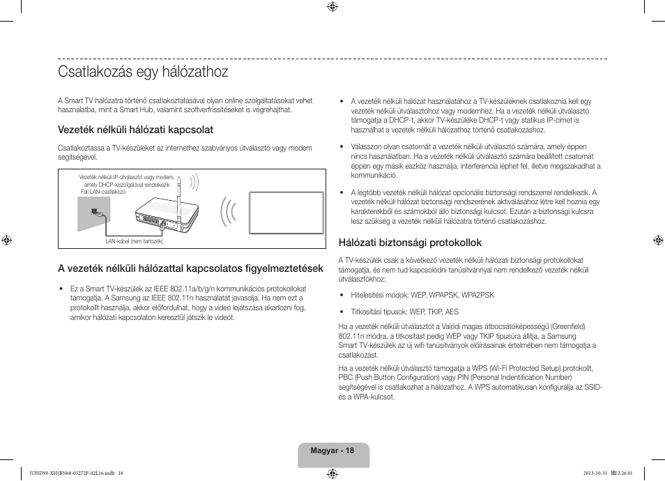 Csatlakozás egy hálózathoz, Vezeték nélküli hálózati kapcsolat, Hálózati biztonsági protokollok | Samsung UE85S9ST User Manual | Page 42 / 385